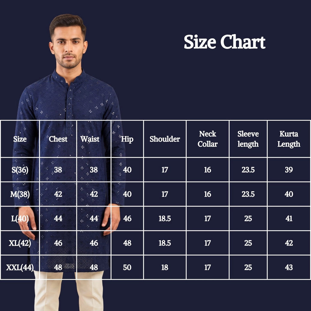 Men’s Navy Lakhnavi Kurta with Sequins Work, Long Kurta for Festive Wear
