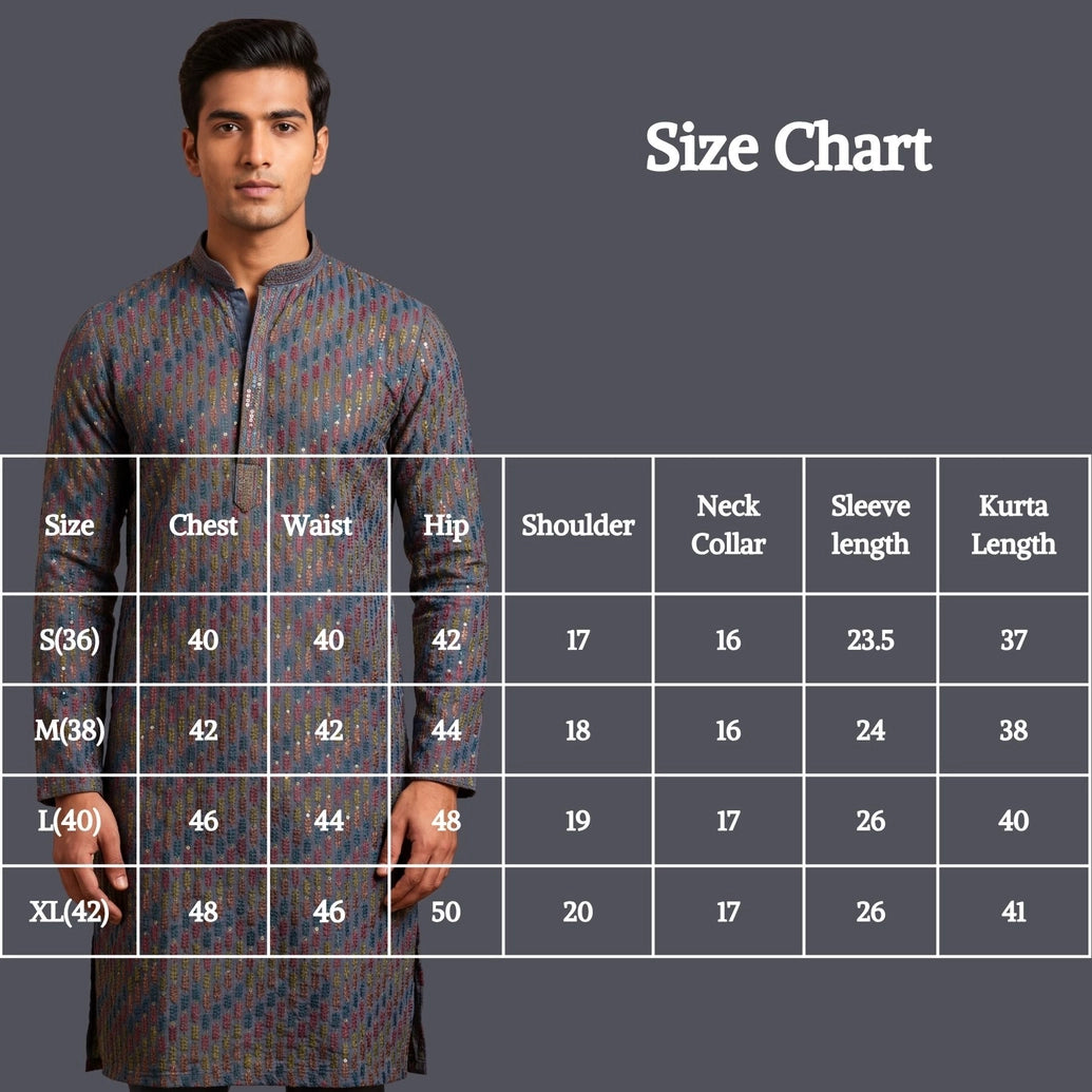 Men’s Grey Cotton Kurta with Leaf Embroidery and Gold Dot Work by Pareek
