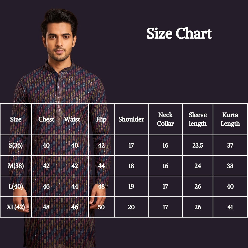 Men’s Navy Blue Cotton Kurta with Multicolor Leaf Embroidery & Gold Sequin Work (Paretik-style)