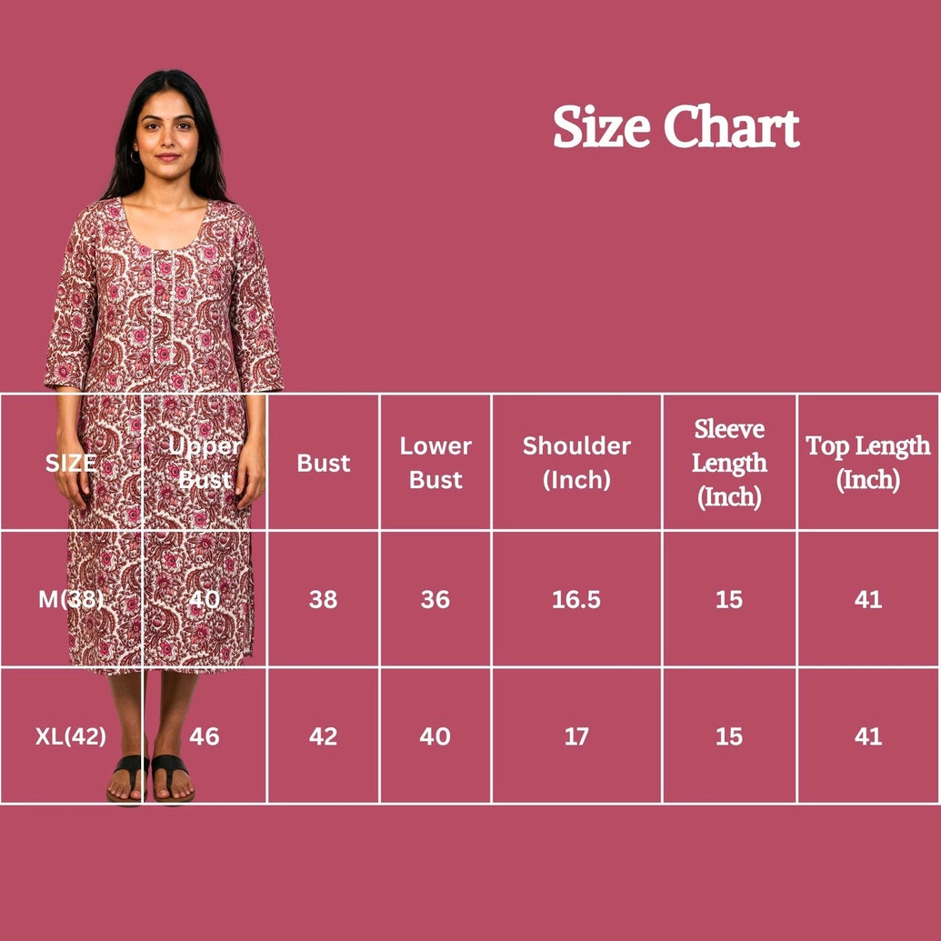 Pink Floral Cotton Kurti with Lace Detailing and Wooden Buttons for Women, 3/4 Sleeves Midi Length