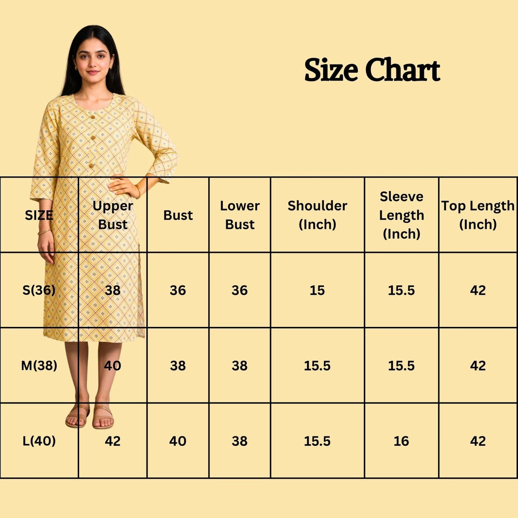 Yellow Cotton Kurti with Floral Print, Lace Detailing and Wooden Button Placket for Women