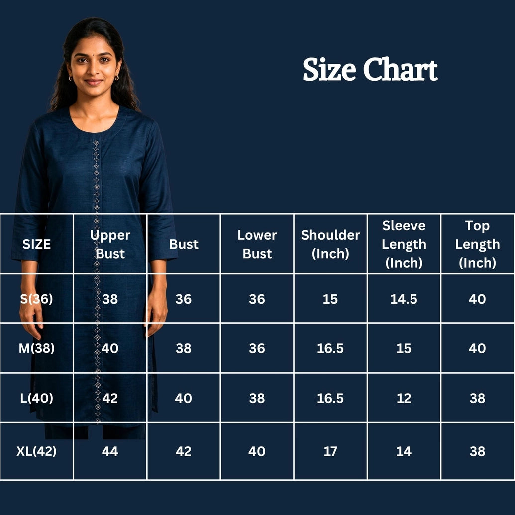 Navy Blue Cotton Kurti with Vertical Diamond-Pattern Embellishment, Round Neck and Three-Quarter Sleeves