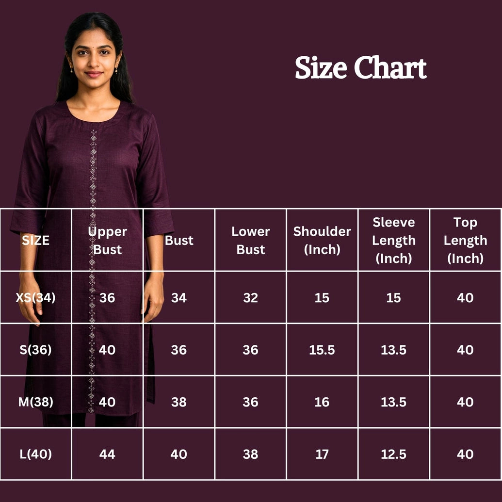 Wine Cotton Kurti with Vertical Diamond-Pattern Embellishment, Round Neck and 3/4 Sleeves