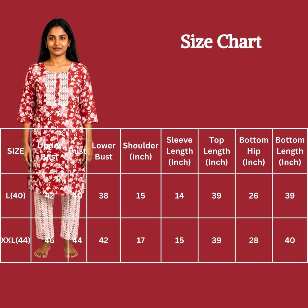Pink Floral Cotton Kurti with Pant 2-Piece Set, Chevron Panel Detailing and Lace Trim
