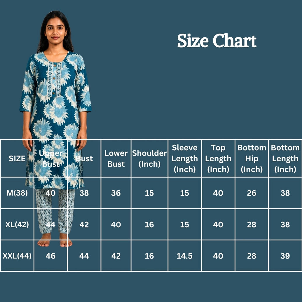 Sky Blue Floral Cotton Kurti with Elastic Pant - 2 Piece Set with Lace & Button Details