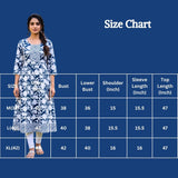 Navy Blue Cotton Anarkali Kurti with Geometric Floral Print, Golden Piping and Dori Detail