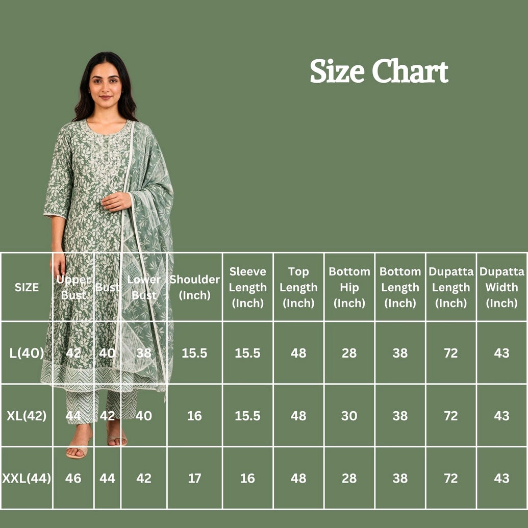 Pista Green Cotton 3-Piece Kurti Set with Floral Print, Embroidered Neckline, Elastic Frock Pant & Matching Dupatta