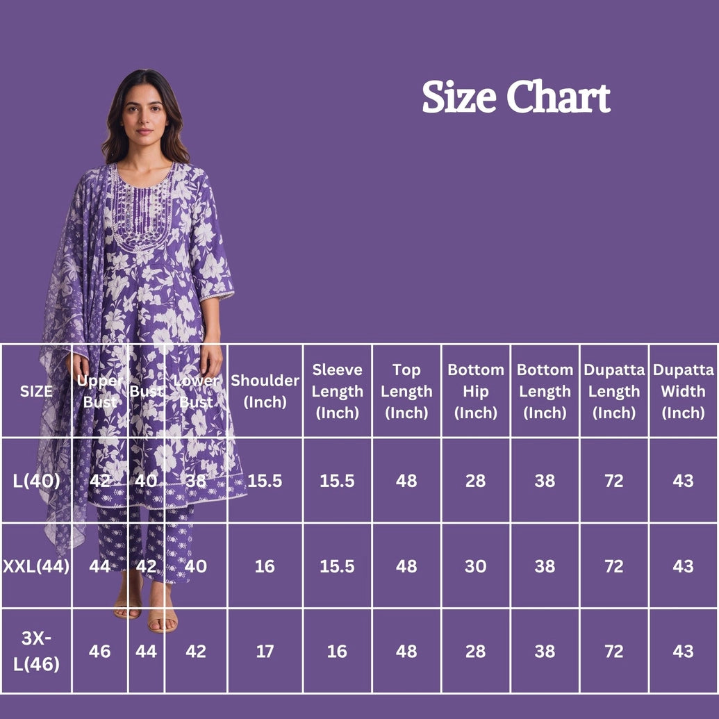 Purple Cotton Floral 3-Piece Kurti Set with Embroidered Neck, Frock Pant & Matching Dupatta
