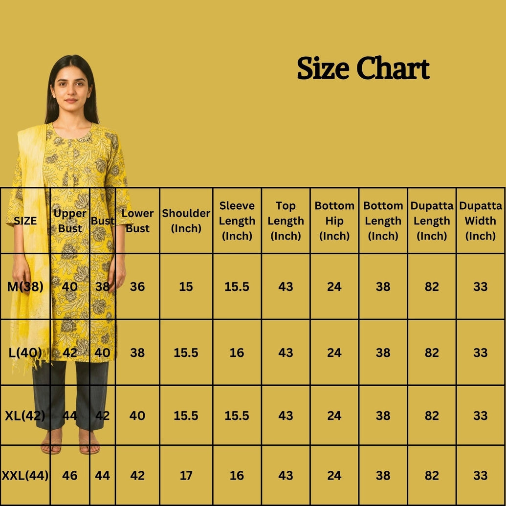 Yellow Cotton Floral 3-Piece Kurti Set with Elastic Pant and Matching Dupatta