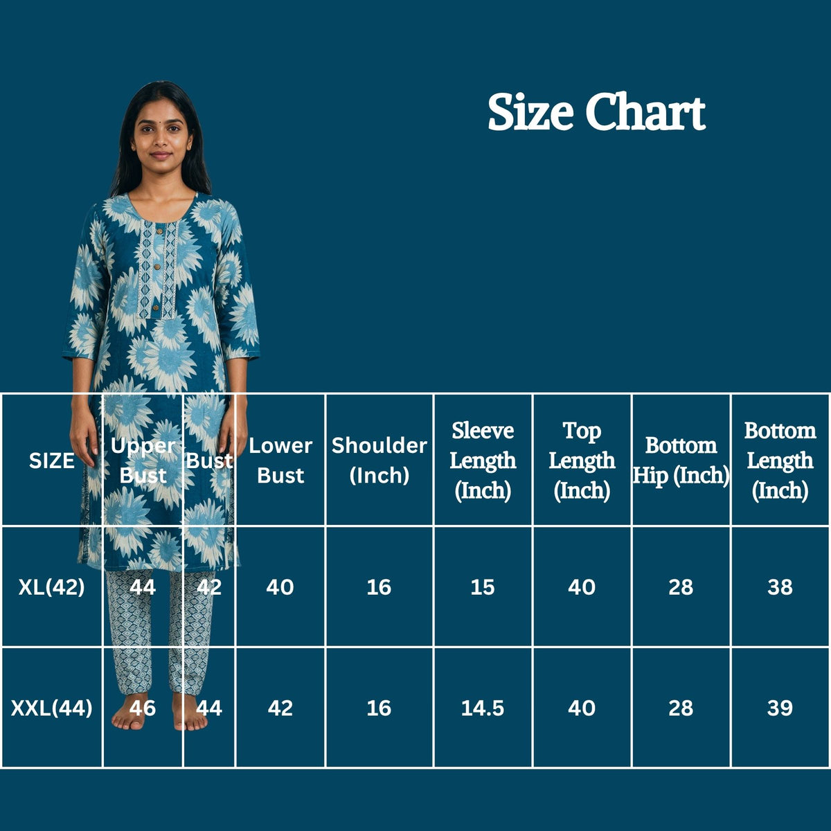 Sky Blue Floral Cotton Kurti with Elastic Pant - 2 Piece Set with Lace & Button Details — view 1