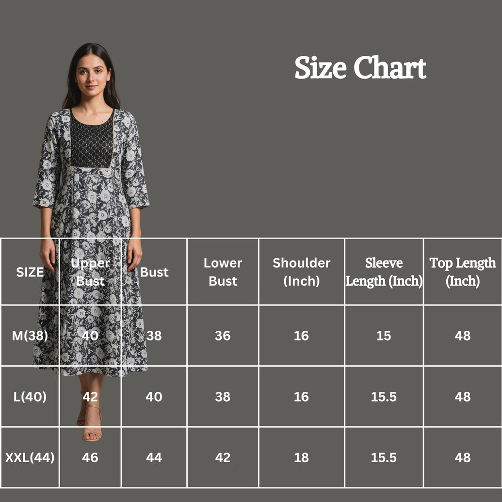 Black Cotton Anarkali Kurti Gown with Dori Design, Geometric Floral Print and Golden Piping Accents