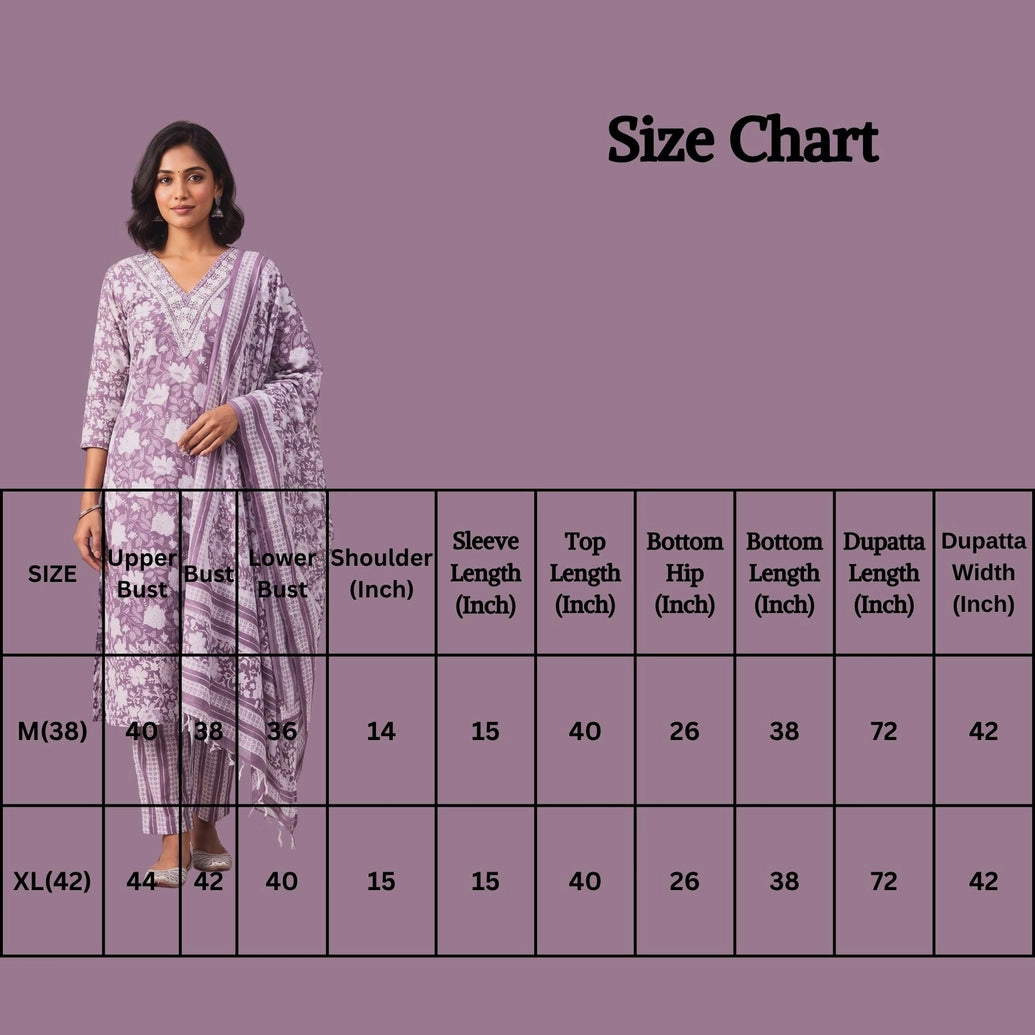 Purple Cotton Floral 3-Piece Kurta Set with Embroidered V-Neck, Elastic Pant & Dupatta