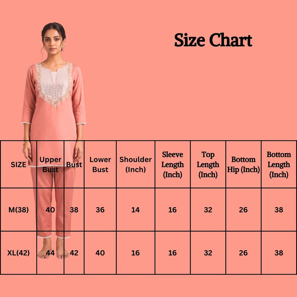 Peach Roman Co-Ord Kurti & Pant Set with Mirror-Work Embroidery and Elastic-Fit Interlock Fabric