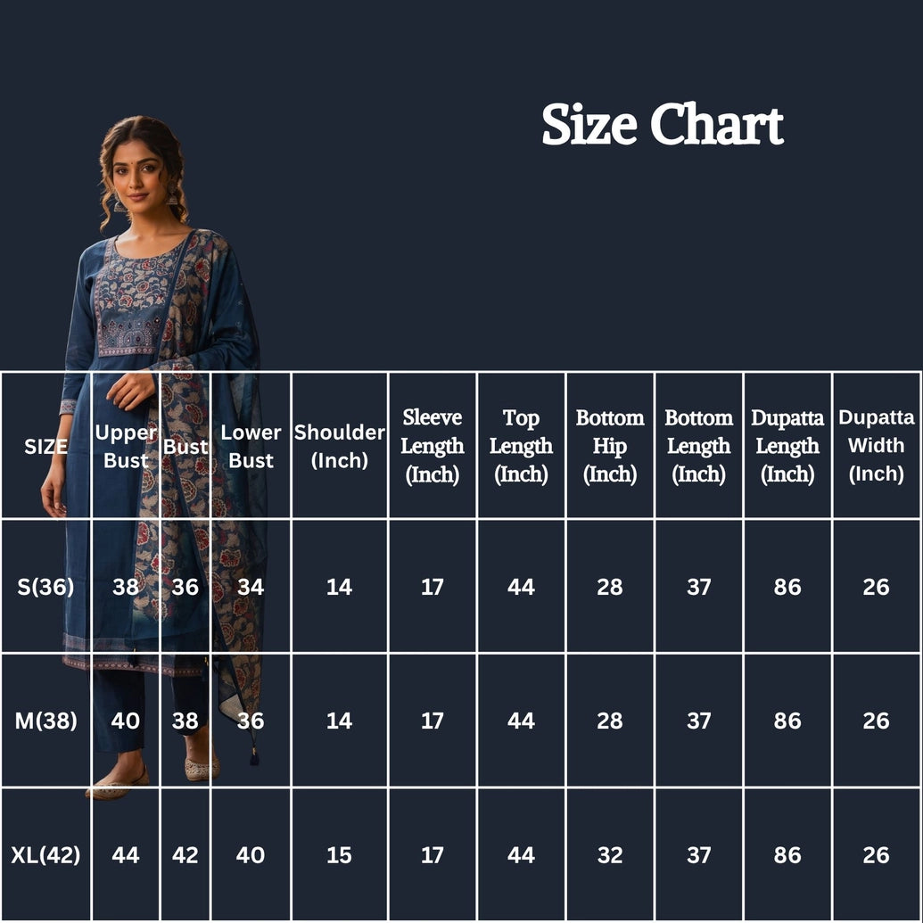 Navy Blue Cotton 3-Piece Kurti Set with Embroidered Floral Work, Elastic Pant & Jacquard Dupatta