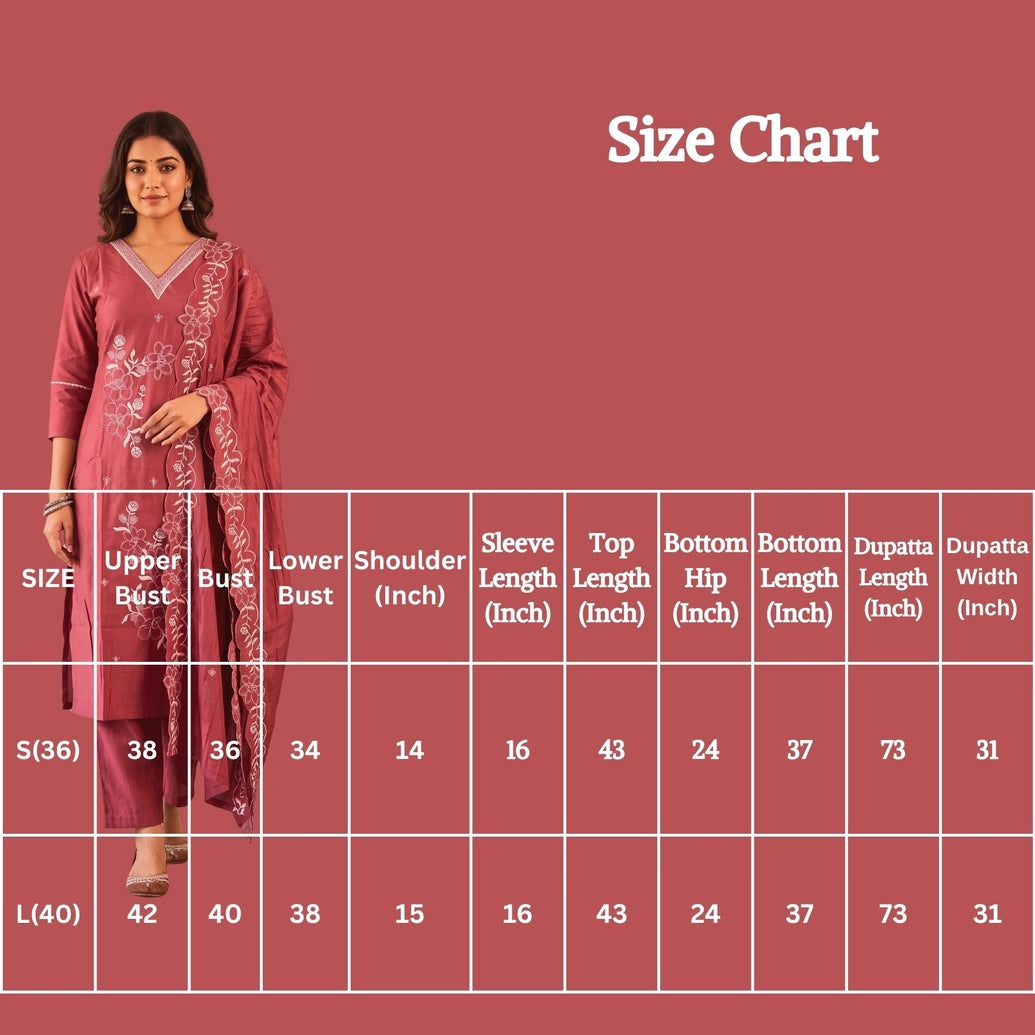 Onion Pink Roman Silk Kurti Set with Floral Embroidery, V-Neck, Pant & Matching Dupatta