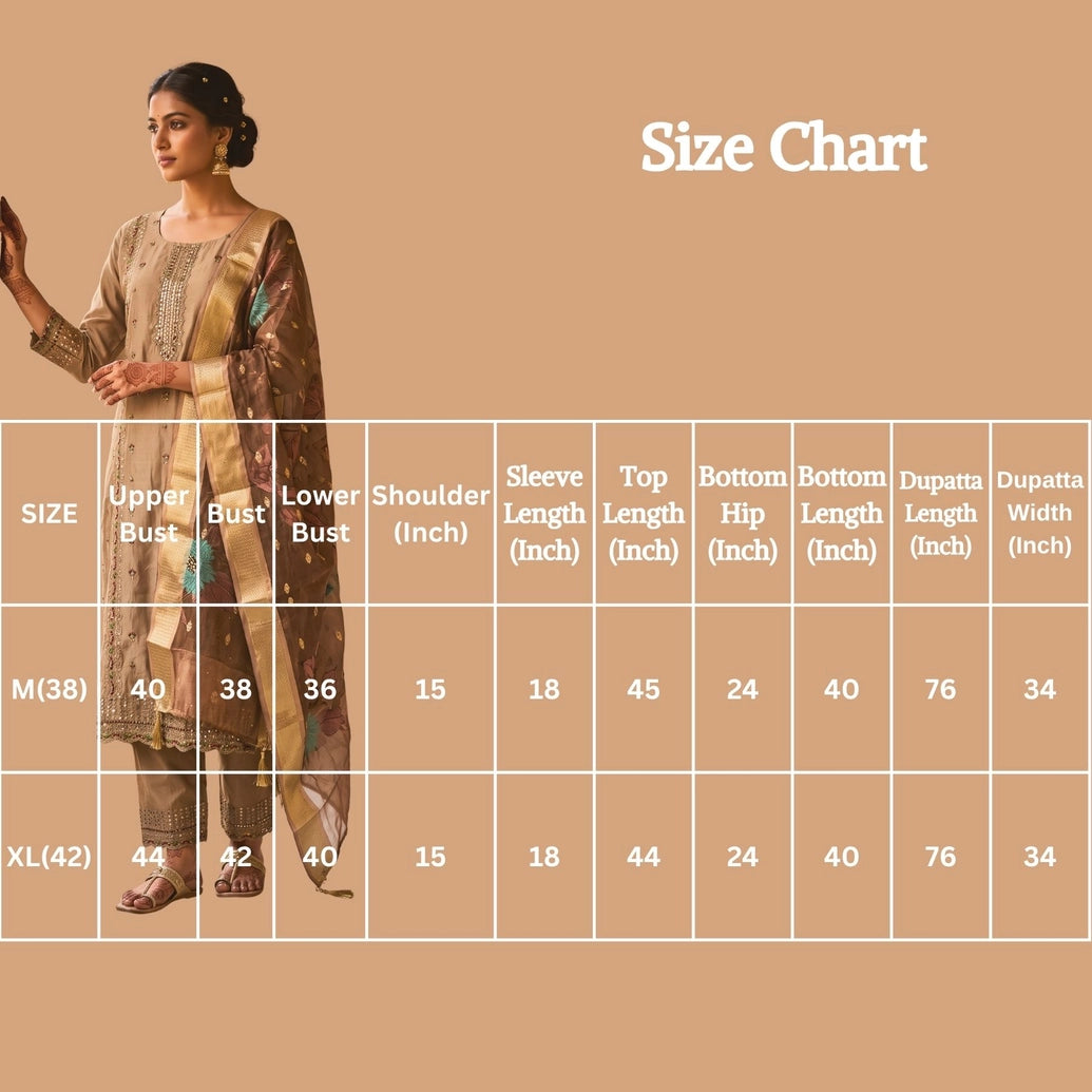 Beige Roman Silk 3-Piece Kurti Set with Elastic Pant and Embroidered Sequence Dupatta