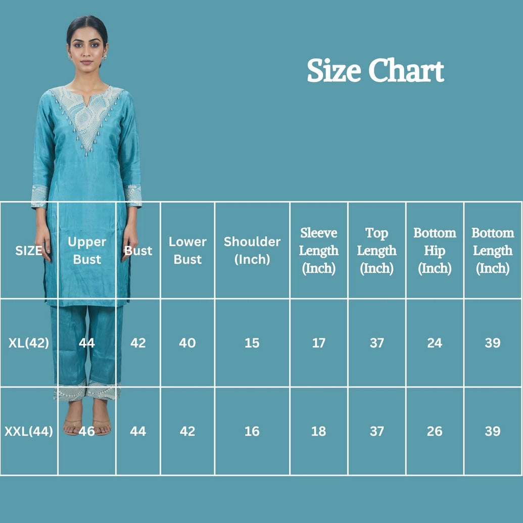 Teal Blue Glass Roman Co-Ord Kurti Set with Embroidered V-Neckline and Bead Detail