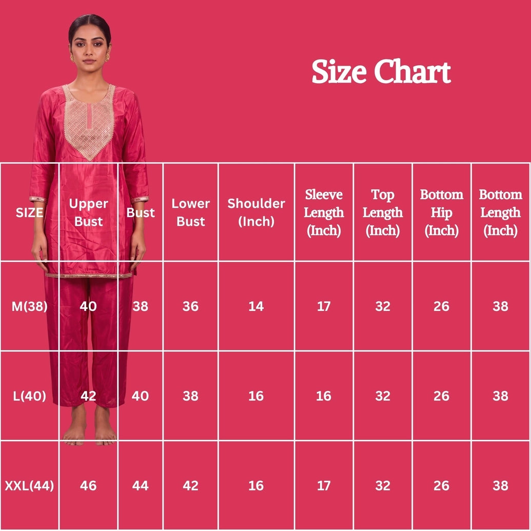Pink Satin Kurti Set with Silver Geometric Embroidery and Elastic Waist Pant (2-Piece)