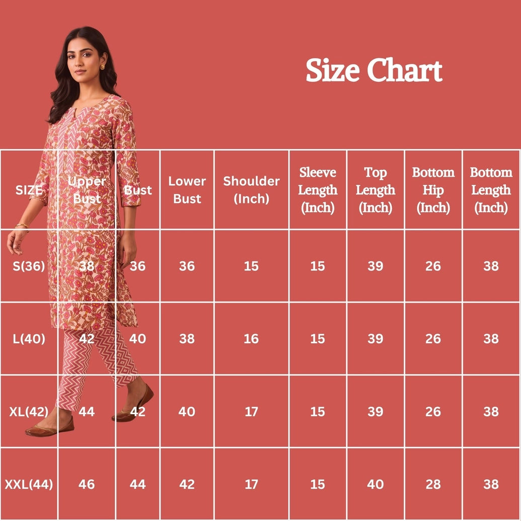 Light Pink Cotton Floral Kurti Set with Printed Pant, Chevron Panels, Lace Trims and Decorative Buttons