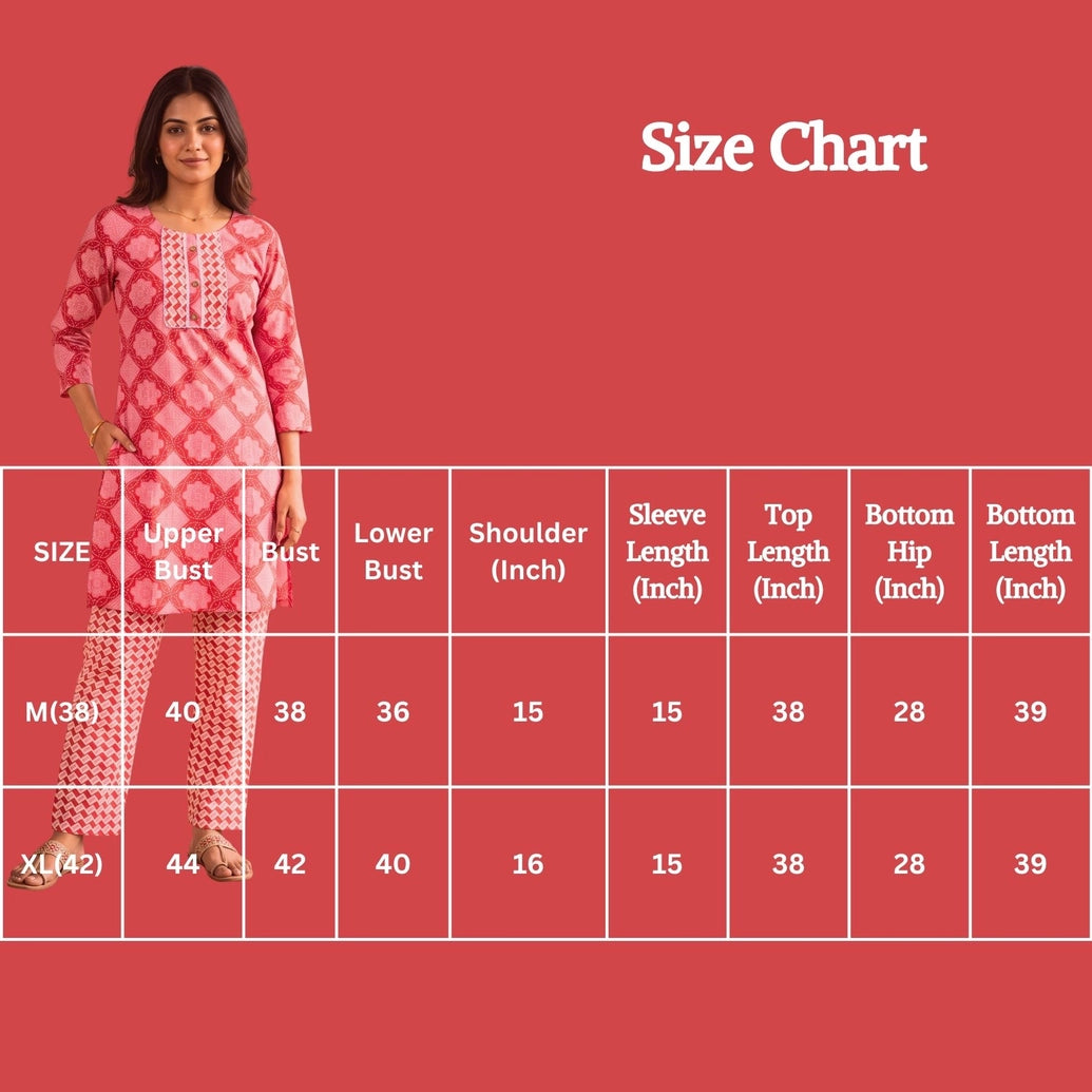 Pink Cotton Kurti with Matching Printed Pant Set for Women | Lace Detail & Decorative Buttons