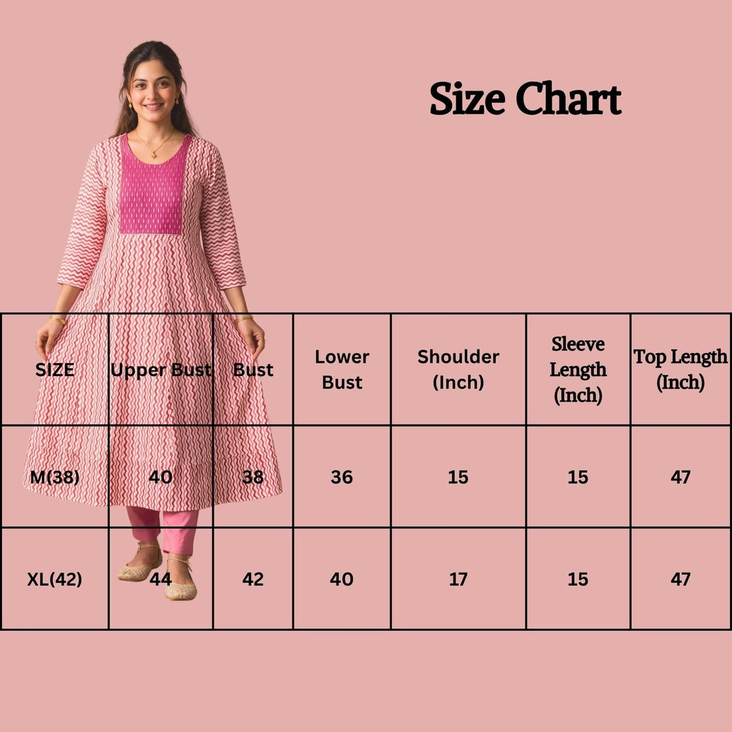 Pink Cotton Anarkali Kurti/Gown with Geometric Floral Dori Design & Silver Sequin Stripe Details