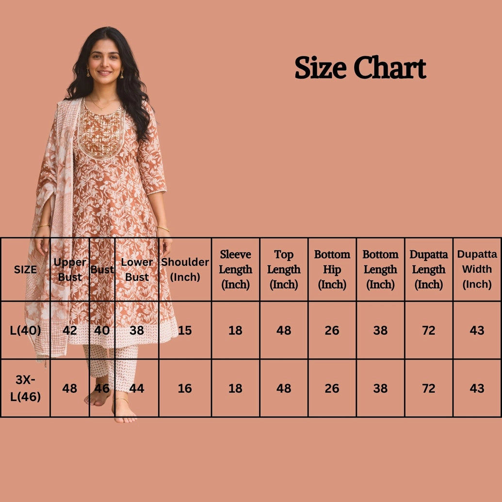 Brown Cotton Floral 3-Piece Kurti Set with Frock Pant & Embroidered Dupatta for Women