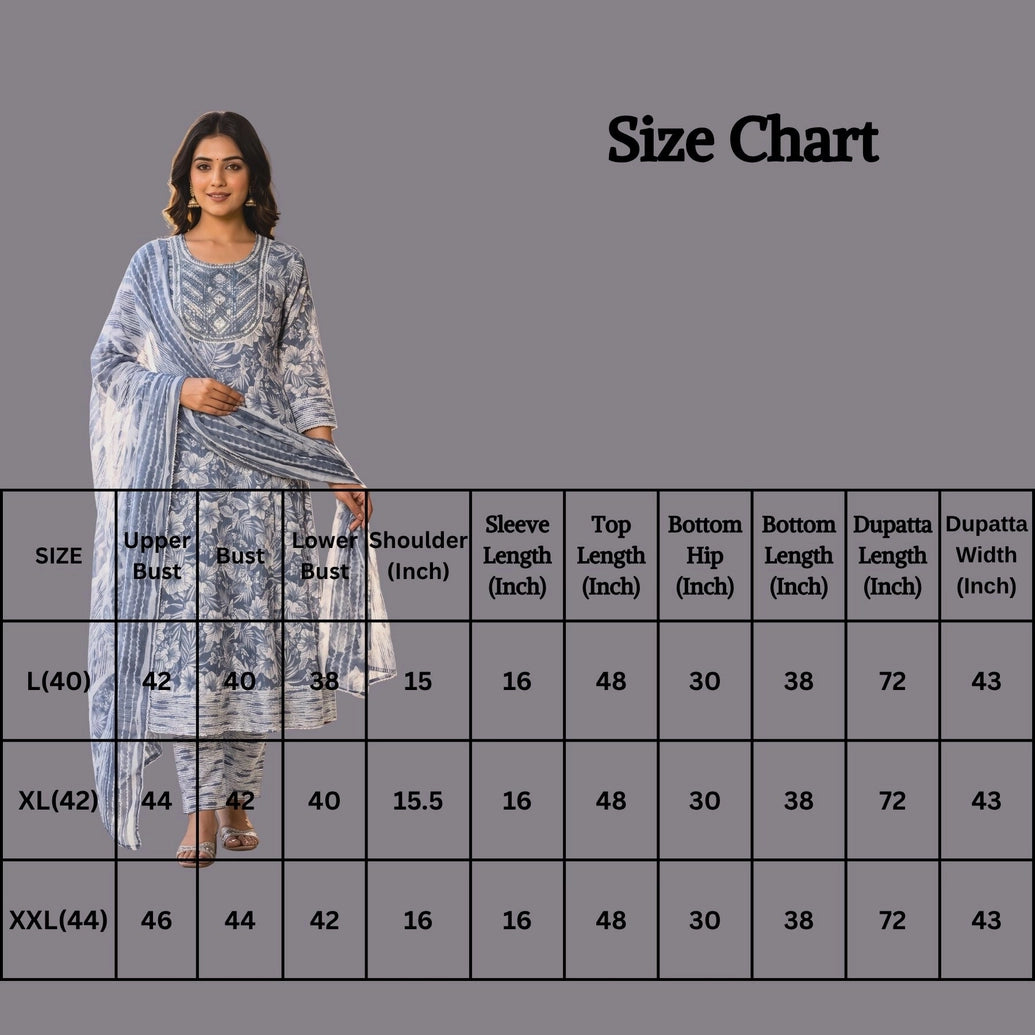 Grey Cotton 3-Piece Kurti Set with Floral Print, Embroidery Work, Frock Pant and Matching Dupatta