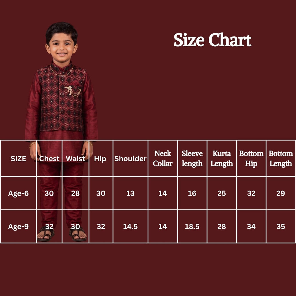 Boys Maroon Koti 3-Piece Kurta Set with Printed Nehru Jacket, Matching Pants & Brooch Detail