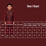 Boys Maroon Koti 3-Piece Kurta Set with Printed Nehru Jacket, Matching Pants & Brooch Detail