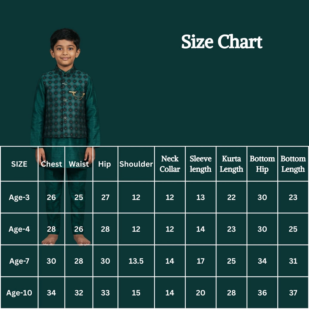 Boys Teal Green Koti Kurta Set with Printed Nehru Jacket, Full Sleeves and Matching Pants