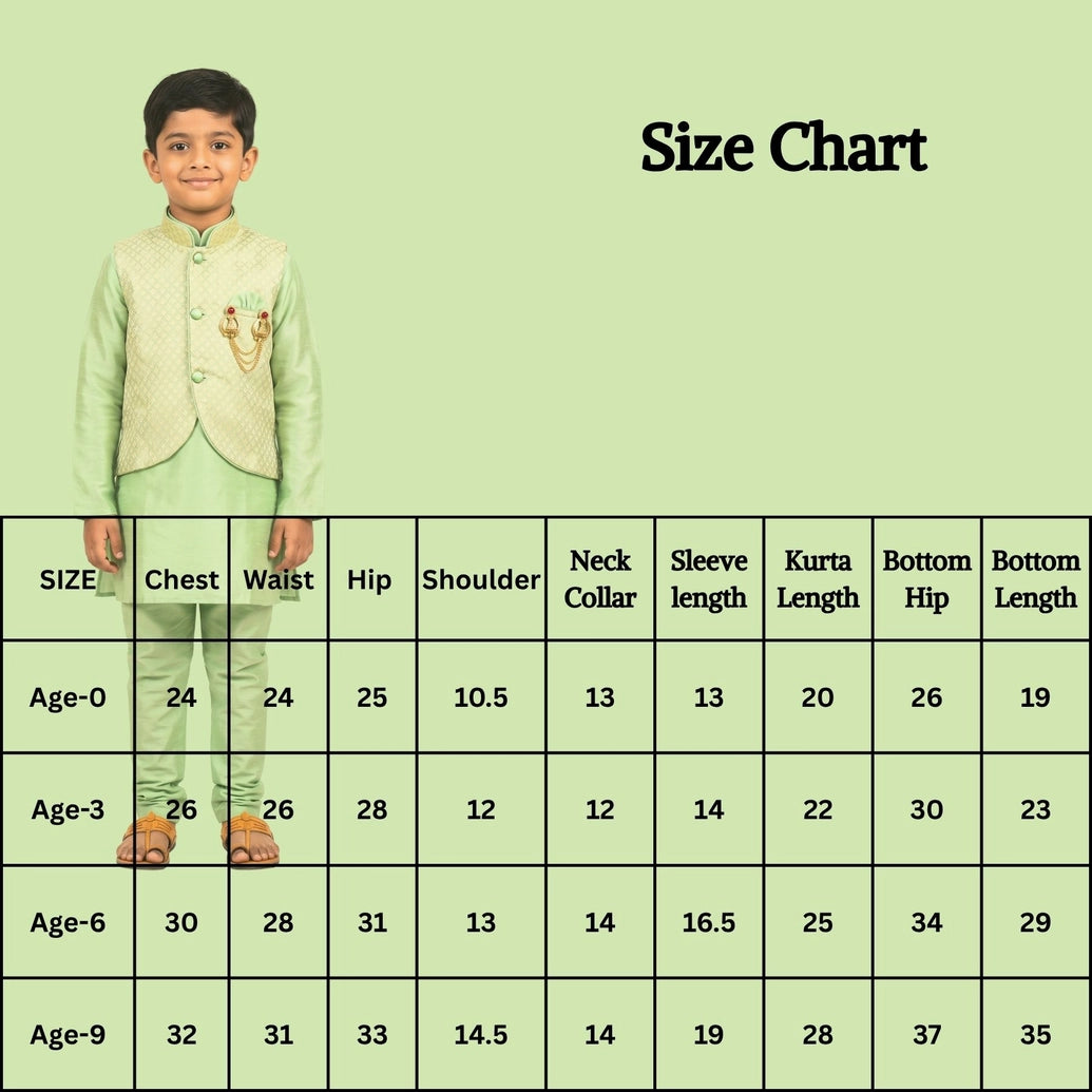 Boys Pista Green Koti Kurta Set with Printed Nehru Jacket, Matching Pants & Brooch, 3-Piece Traditional Outfit