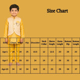 Boys Yellow Cotton 3-Piece Kurta Set with Printed Nehru Jacket, Matching Pants and Brooch