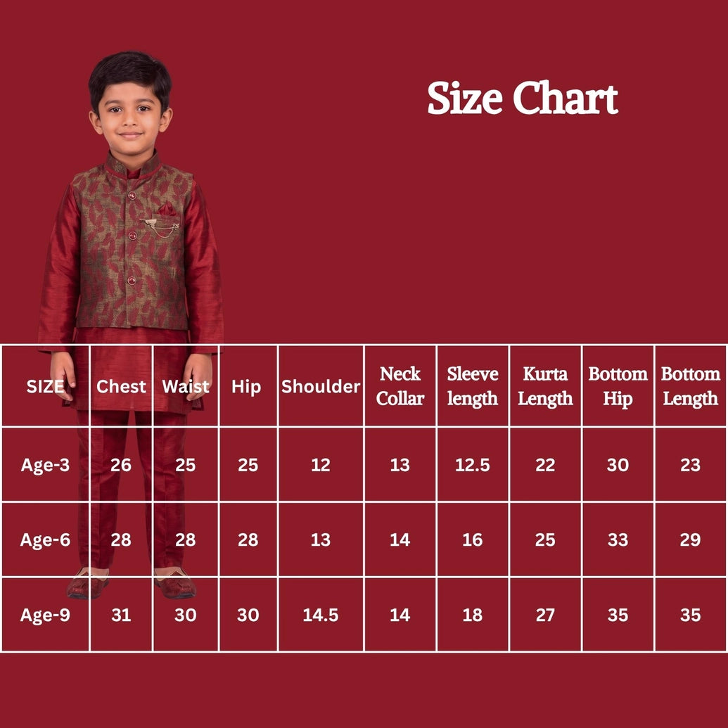 Maroon Boys Koti 3-Piece Kurta Set with Nehru Waistcoat, Matching Pants & Decorative Brooch