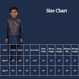 Boys Navy Blue Koti Kurta Set (3-Piece) with Nehru-Style Waistcoat, Matching Pants and Brooch