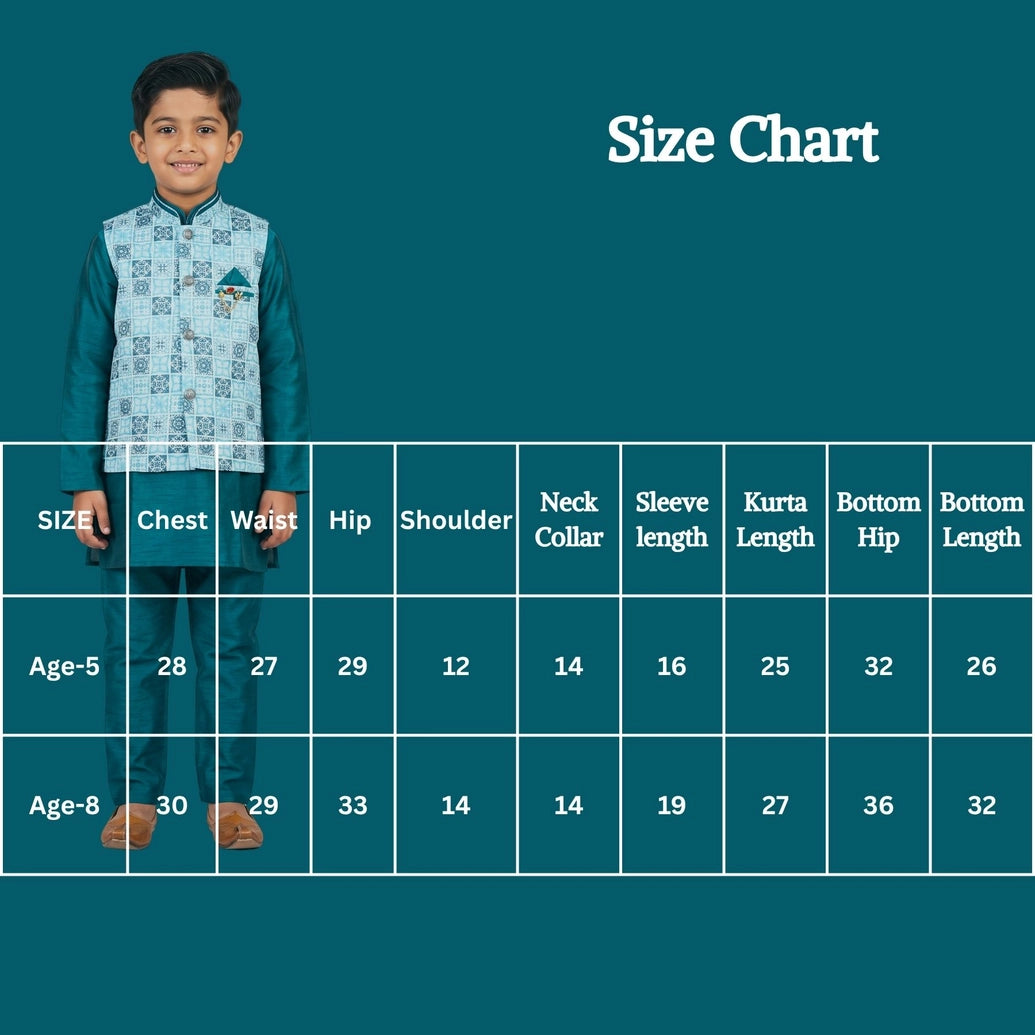 Boys Aqua Blue Koti Kurta Set (3-Piece) with Printed Sleeveless Koti & Matching Pants