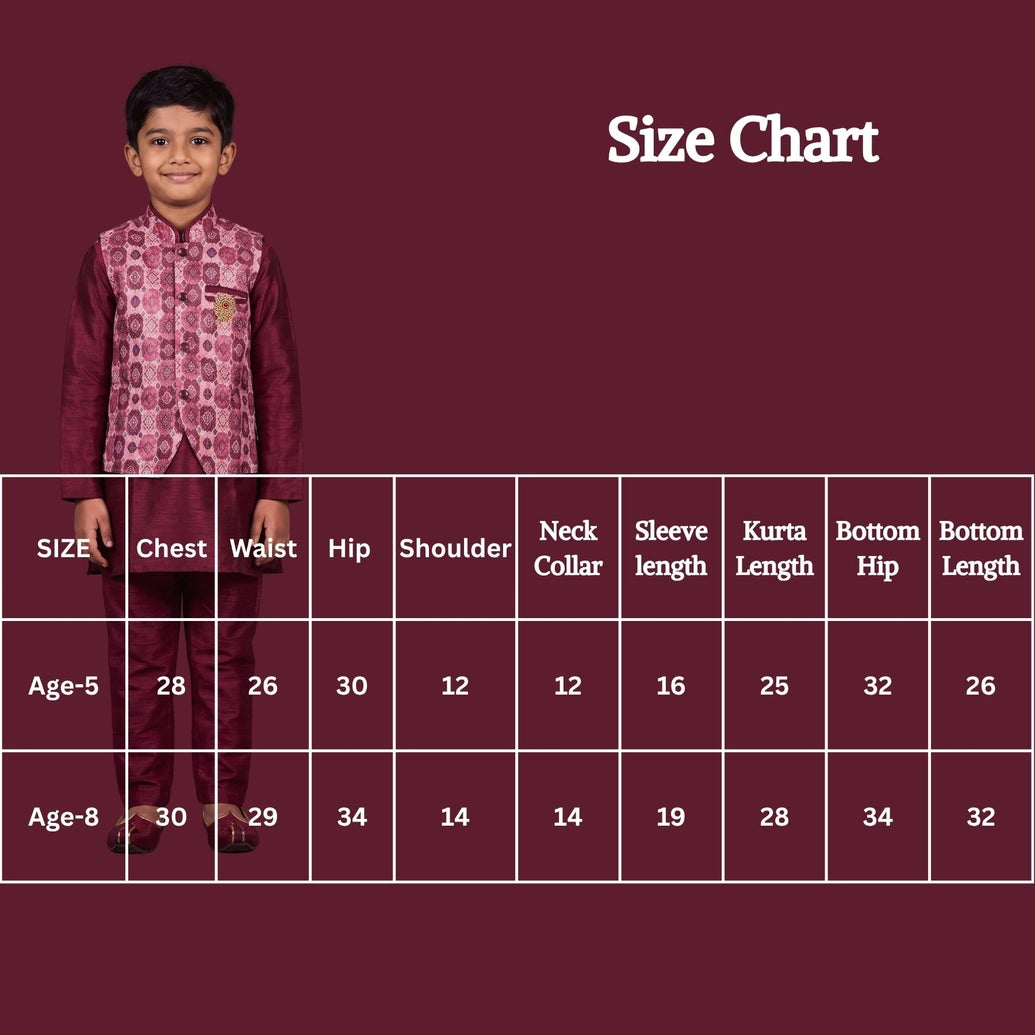 Boys Rani Pink Koti Kurta Set 3-Piece with Printed Sleeveless Koti and Geometric Floral Motifs