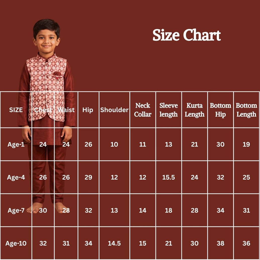 Boys Maroon 3-Piece Cotton Kurta Set with Printed Nehru Koti, Matching Pants & Decorative Brooch