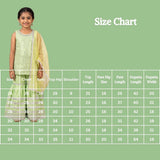 Pista Green Girls Satin Garara 3-Piece Set with Sleeveless Striped Kurti & Silver Embroidered Bands