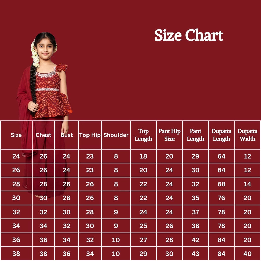 Girls Red Georgette Palazzo 3-Piece Set with Printed Top and Matching Dupatta