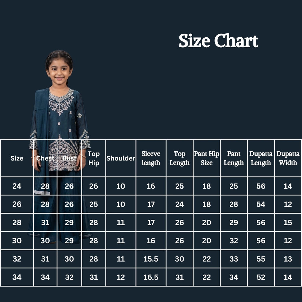 Girls Navy Blue Palazzo 3-Piece Set with Embroidered Top, Salwar & Dupatta