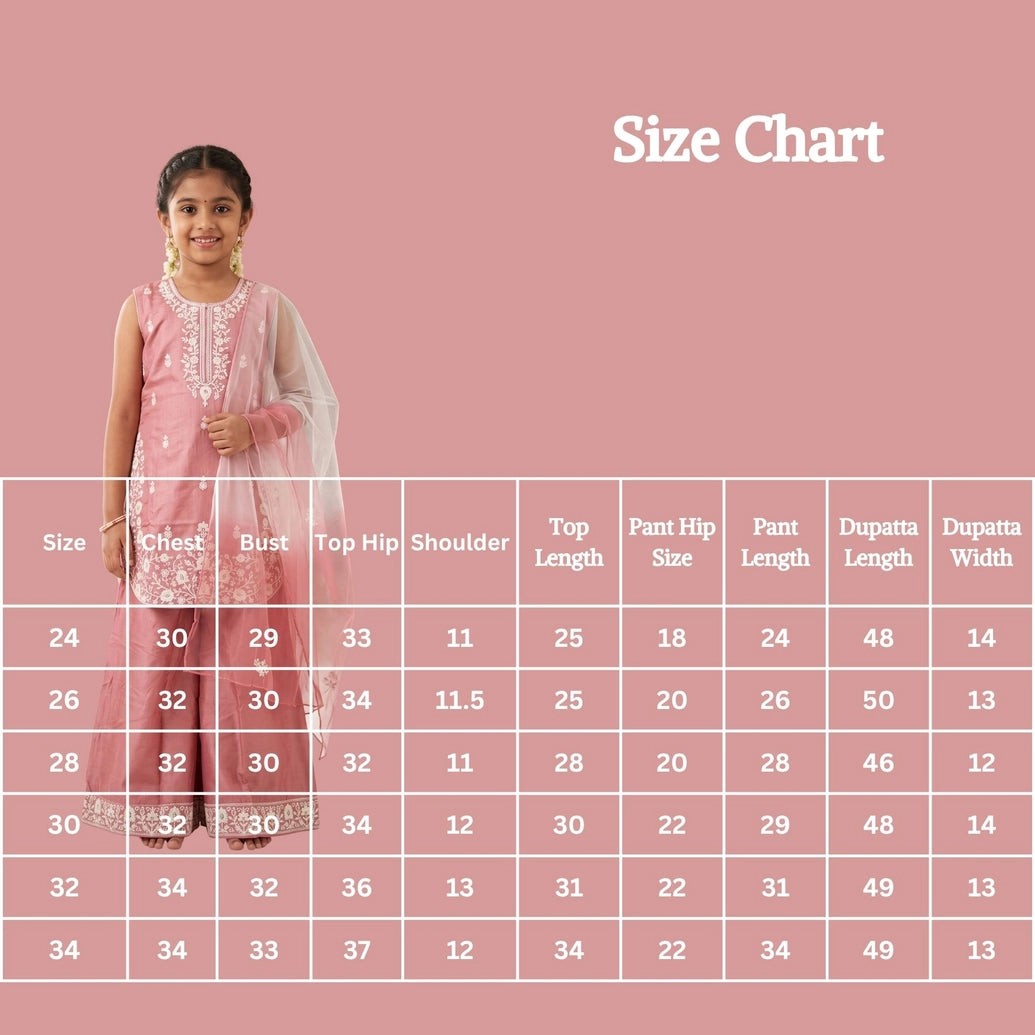 Girls Chanderi 3-Piece Palazzo Set with Embellished Sleeveless Kurti, Matching Palazzo & Dupatta