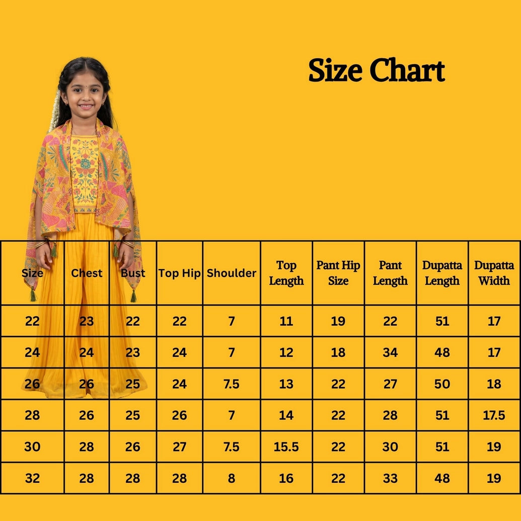 Girls Yellow Georgette Palazzo 3-Piece Set with Flared Kurti and Matching Dupatta