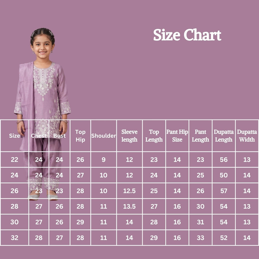 Girls Salwar Suit 3-Piece Set with Embroidered Kurti, Matching Salwar & Dupatta (Lavender/Pink/Pista Green)