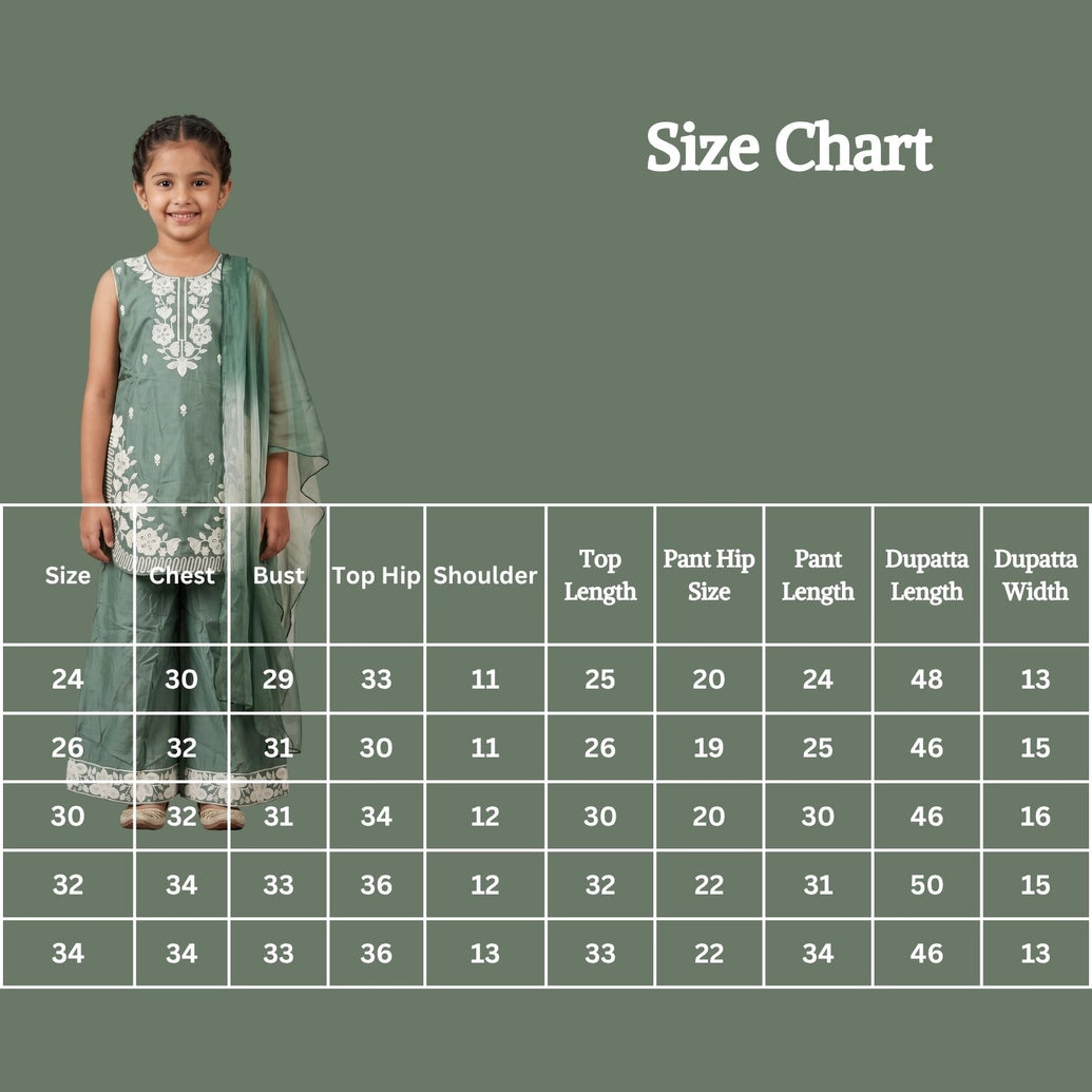 Girls Roman Silk 3-Piece Palazzo Set with Floral Embroidery, Matching Kurti, Palazzo Pants & Dupatta