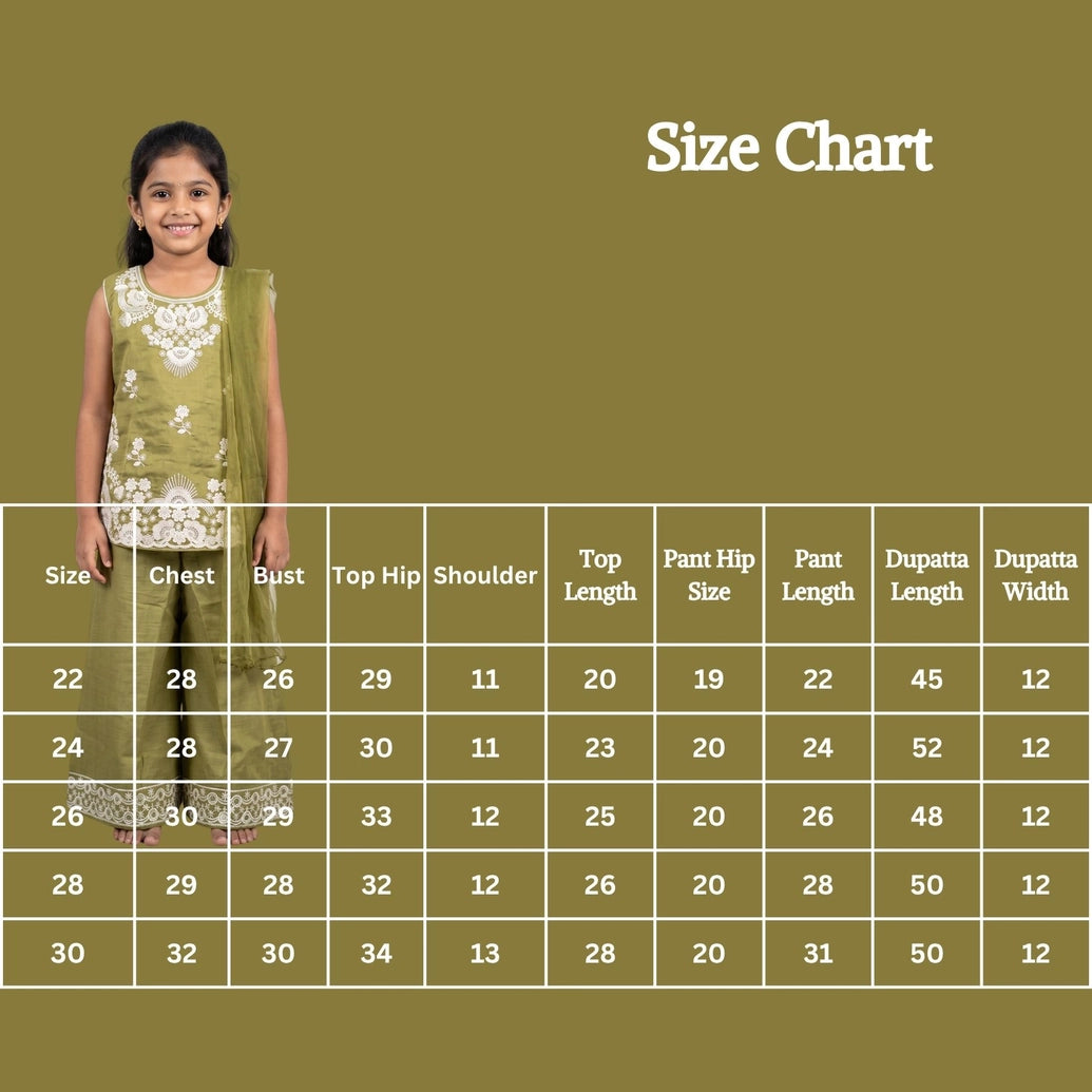 Girls Roman Silk 3-Piece Palazzo Set with Floral Detailing, Sleeveless Top & Dupatta (Pista Green/Pink/Purple)