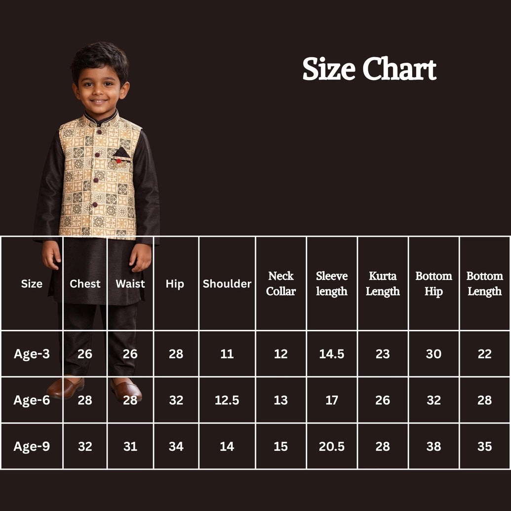 Boys Mustard Yellow Koti Kurta Set with Printed Sleeveless Koti, Kurta and Pants for Festive Traditional Wear