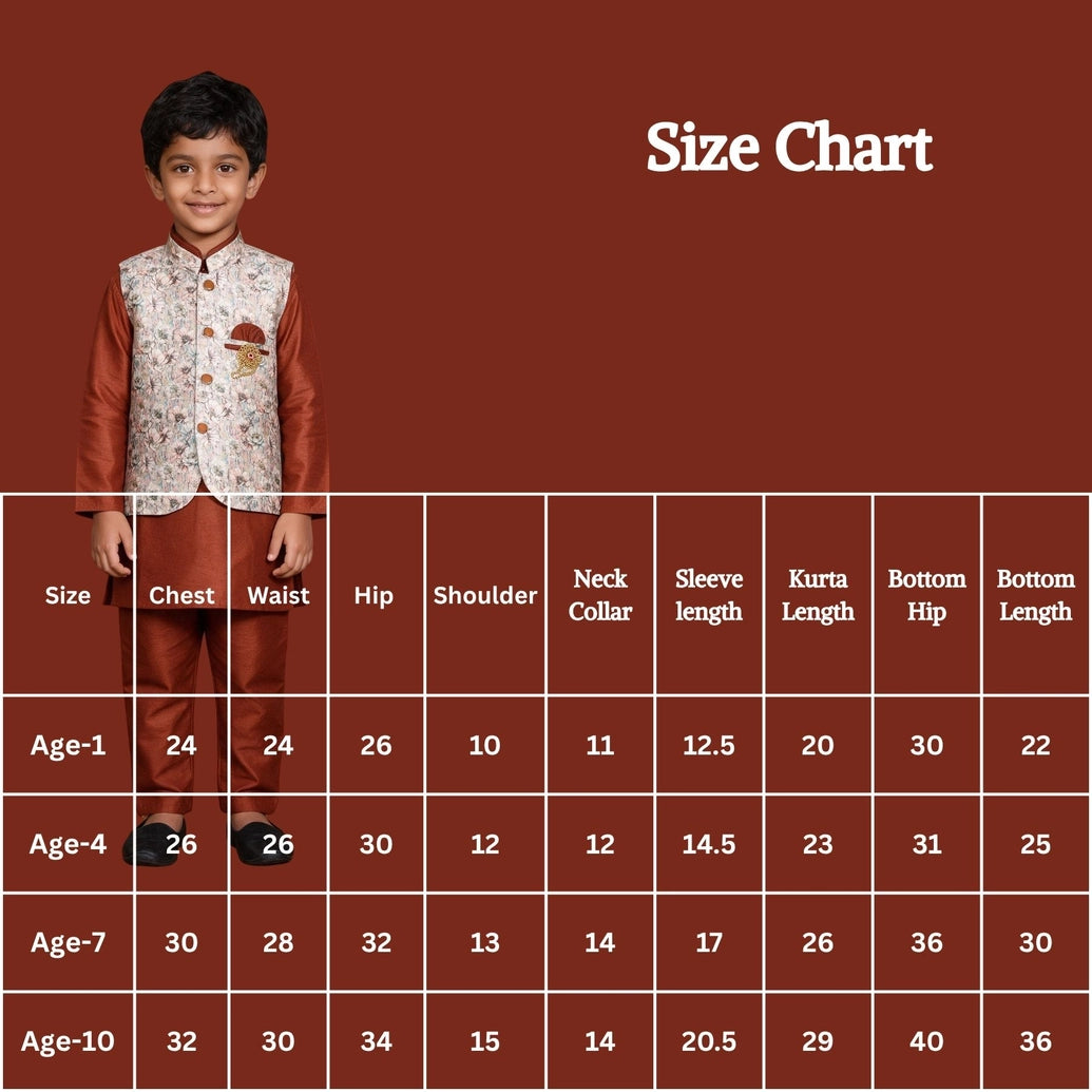 Boys Rust Orange Koti Kurta Set (3-Piece) with Printed Nehru Koti and Geometric Floral Motifs