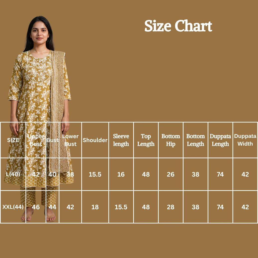 Mustard Yellow Cotton 3-Piece Kurti Set with Frock Pant & Floral Dupatta for Women