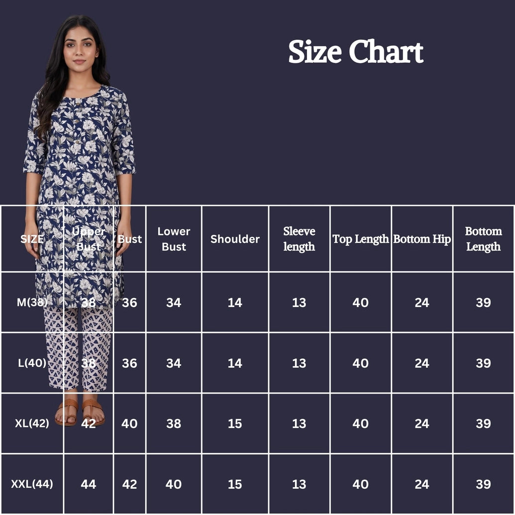 Navy Blue Floral Rayon Kurti Set with Gold Button Placket and Elastic Waist Pant