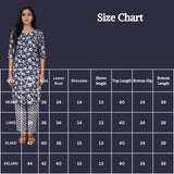 Navy Blue Floral Rayon Kurti Set with Gold Button Placket and Elastic Waist Pant